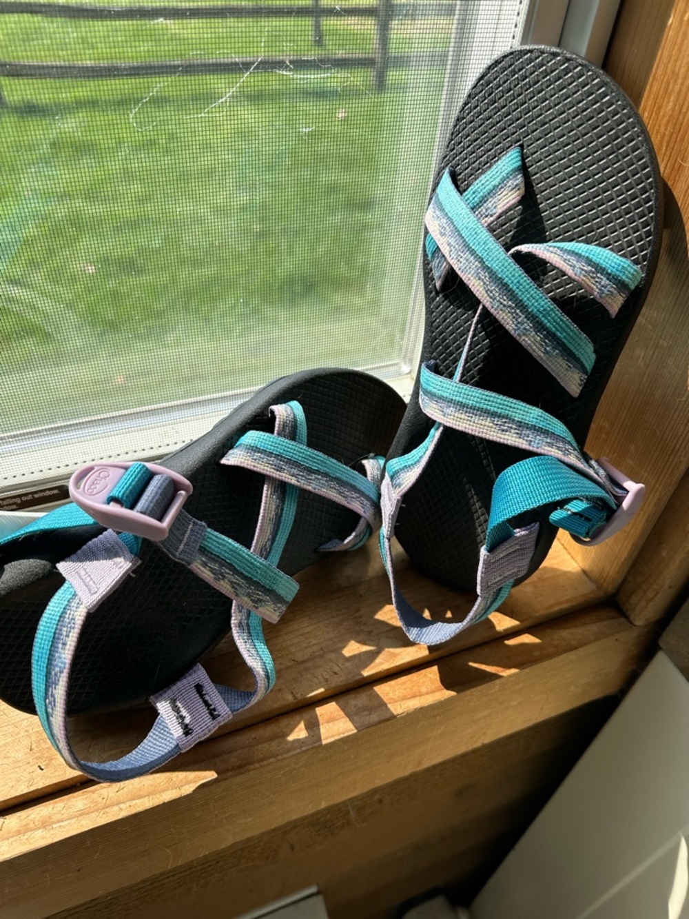 Chaco Teva-Style Sandals in Black with Teal and Lavender Straps